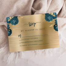 Blaue Florale Gold Gebürstete Metall Hochzeit RSVP