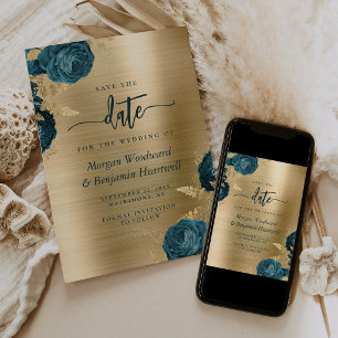 Blaue Florale Gold Glam Hochzeit - Termin vormerke Einladung
