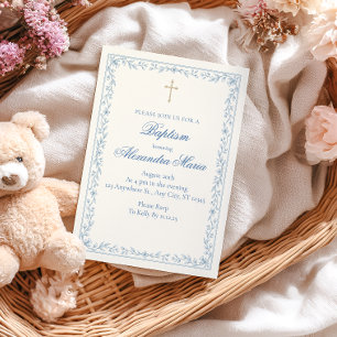 Blaue Florale Goldkreuz-Taufe Einladung