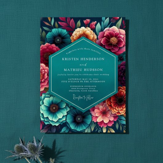 Blaue Florale Herbsthochzeit Einladung