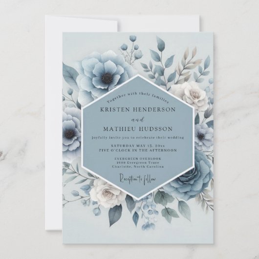 Blaue Florale Hochzeit Einladung (Vorderseite)