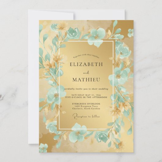 Blaue Florale Hochzeit Einladung (Vorderseite)