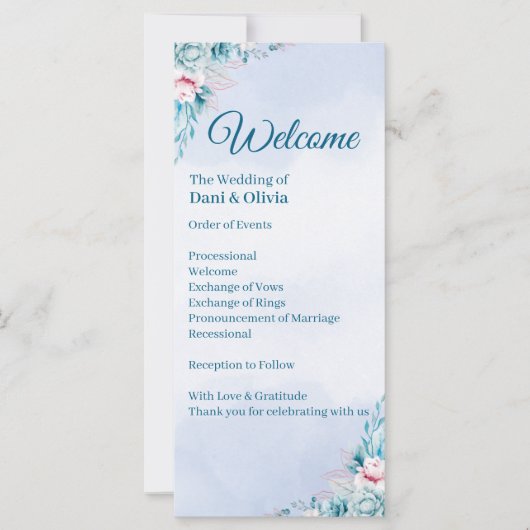Blaue Florale Hochzeitszeremonie-Programm (Vorderseite)