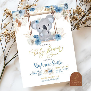Blaue Florale Koala Australische Tier Baby Shower Einladung