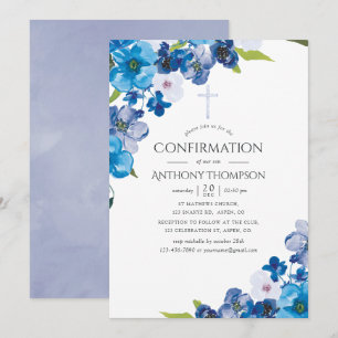 Blaue Florale Konfirmation in Pastellfarben Einladung