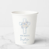 Blaue Florale Kreuz-Taufe Pappbecher (Rückseite)