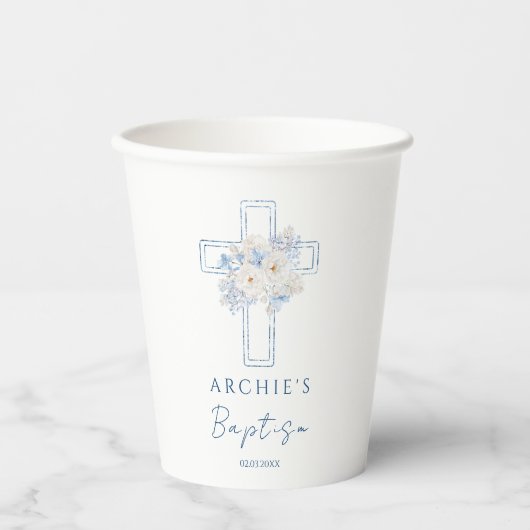 Blaue Florale Kreuz-Taufe Pappbecher (Vorderseite)