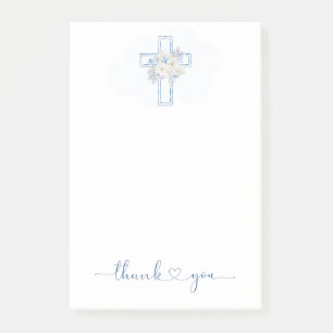 Blaue Florale Kreuz-Taufedankeschön Post-it Klebezettel