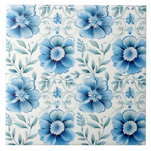 Blaue Florale Mediterrane Eleganz Fliese (Vorderseite)
