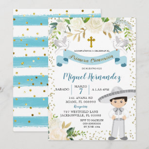 Blaue florale mexikanische Jungen-Erstkommunion-Ei Einladung
