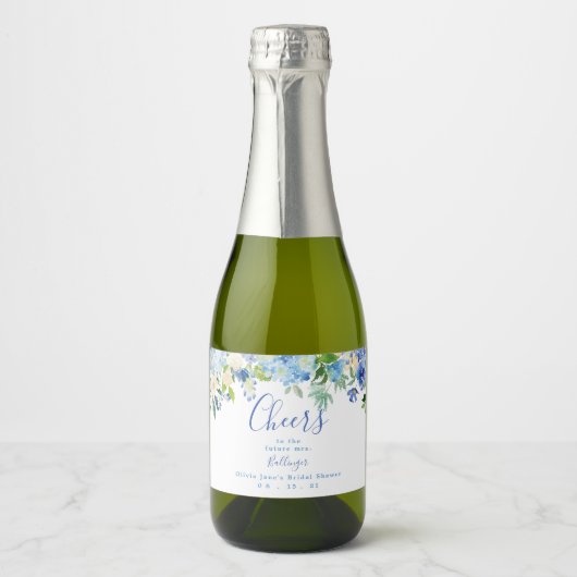 Blaue florale Mini-Kastanienwein-Label, Bridal Sho Schaumweinetikett (Vorderseite)