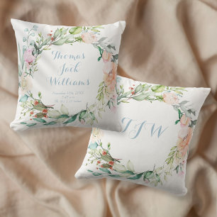 Blaue Florale Monogramm-Baby-Geburtsstatistik-Nurs Kissen