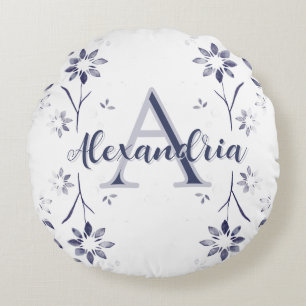 Blaue Florale Personalisierte Monogramm Name Rundes Kissen