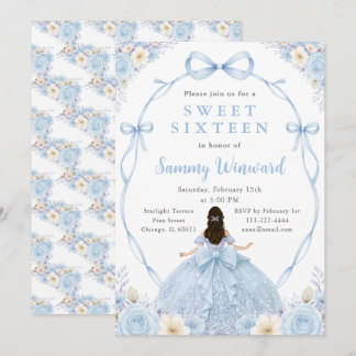 Blaue Florale Prinzessin Sweet Sixteen Geburtstags Einladung