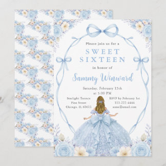 Blaue Florale Prinzessin Sweet Sixteen Geburtstags Einladung