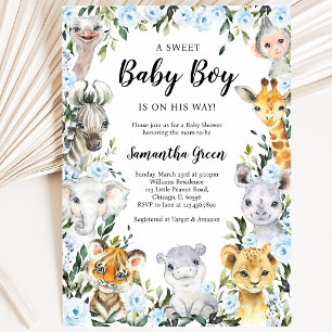 Blaue Florale Safari-Dschungel-Baby-Party Einladung