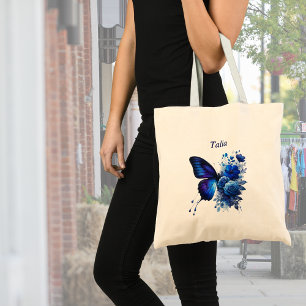 Blaue Florale Schmetterling Personalisiert Tragetasche