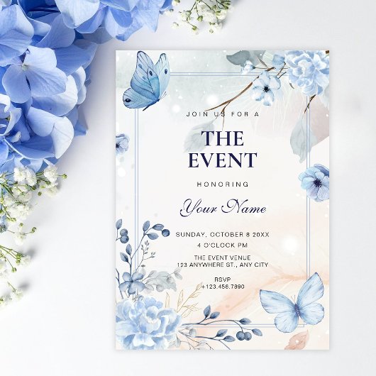 Blaue florale Schmetterlinge Einladung