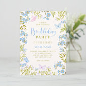 Blaue florale Schmetterlinge Geburtstag Einladung (Stehend Vorderseite)