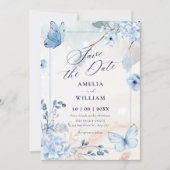 Blaue florale Schmetterlinge Save The Date (Vorderseite)