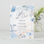 Blaue florale Schmetterlinge Save The Date (Stehend Vorderseite)
