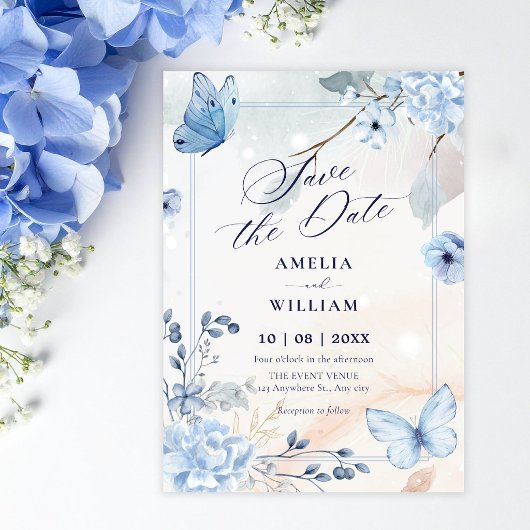 Blaue florale Schmetterlinge Save The Date