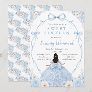 Blaue Florale Schwarze Prinzessin Sweet Sixteen Einladung