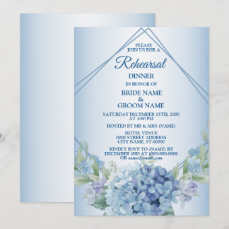 Blaue Florale Staubige Vintage Hochzeitsprobe Aben Einladung