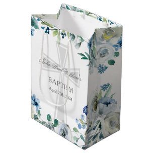 Blaue florale Tauffeier Christliches Kreuz Maßgesc Mittlere Geschenktüte