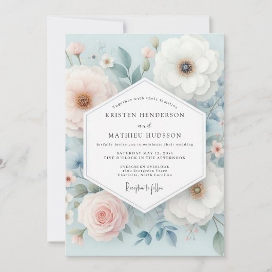 Blaue Florale Traumhochzeit Einladung (Vorderseite)
