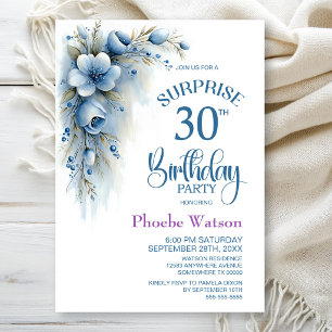 Blaue Florale Überraschung 30. Geburtstagsfeier Einladung