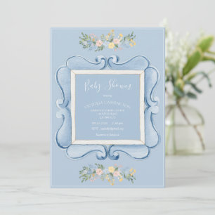 Blaue florale Vintage-Baby-Party Einladung