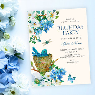 Blaue florale Vogelkunst elegante Geburtstag Einladung