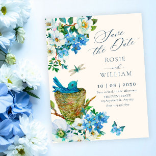 Blaue florale Vogelkunst elegante Hochzeit Save The Date