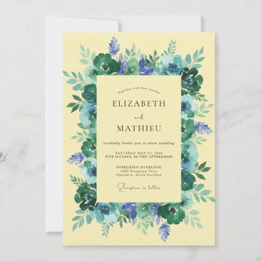 Blaue Florale Whimsy-Hochzeit Einladung (Vorderseite)