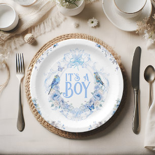 Blaue Floralkrone-Bogen Es ist ein Junge Baby-Part Pappteller