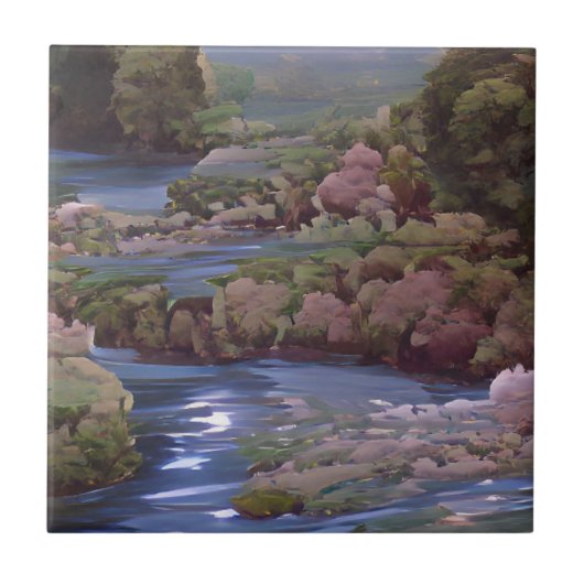 Blaue Flüsse, grüne Wälder, digitale Kunst Fliese (Vorderseite)