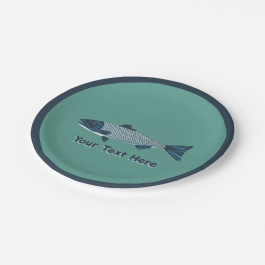 Blaue Folkloretrout/Lachs Pappteller (Schrägansicht)