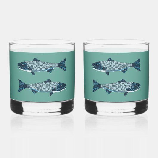Blaue Folkloretrout/Lachs Whiskyglas (Vorderseite)