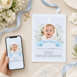 Blaue Foto-Junge weiße florale Bögen Taufe Einladung