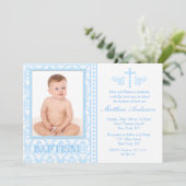 Blaue Foto-Taufe-Einladungen Einladung (Stehend Vorderseite)