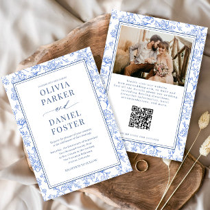 Blaue französische Blumen-Photo-QR-Code-Toile-Einl Einladung