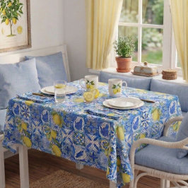 Blaue französische Fliesen-Landhaus-Zitronenmuster Tischdecke