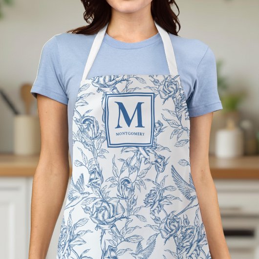 Blaue französische Toile de Jouy Monogramm Name Schürze