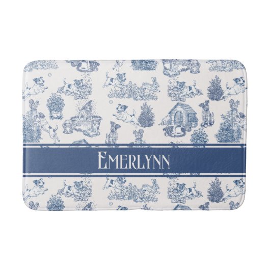 Blaue französische Toile-Hund-Monogramm-Dekoration Badematte (Vorderseite)