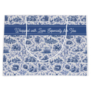 Blaue französische Toile-Land-Rosen-Zweig-Name Große Geschenktüte