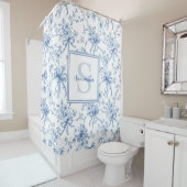 Blaue französische Toile-Monogramm-Blumen-Name Duschvorhang (Beispiel)