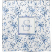 Blaue französische Toile-Monogramm-Blumen-Name Duschvorhang (Vorderseite)
