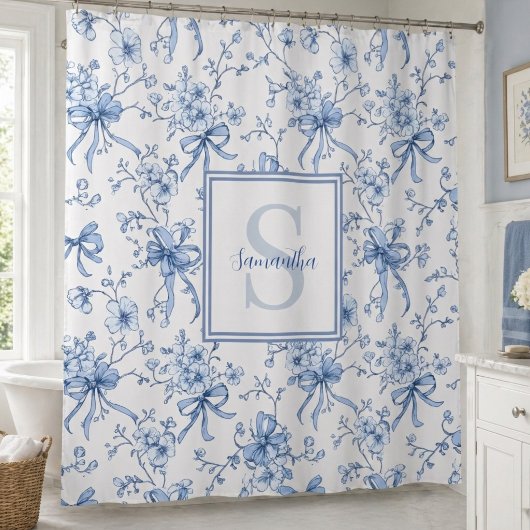 Blaue französische Toile-Monogramm-Blumen-Name Duschvorhang