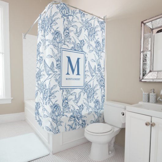 Blaue französische Toile Monogramm Duschvorhang (Beispiel)